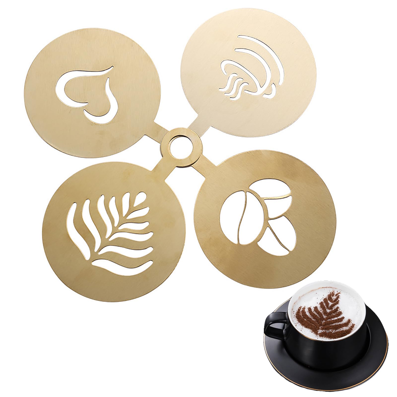 WUDQIJI Coffee Stencils Stainless Steel 4 Pieces Cappuccino Stencils Coffee Accessories Coffee Decoration Stencil Coffee Decorating Stencils Cake Stencil for Latte Art (Gold)