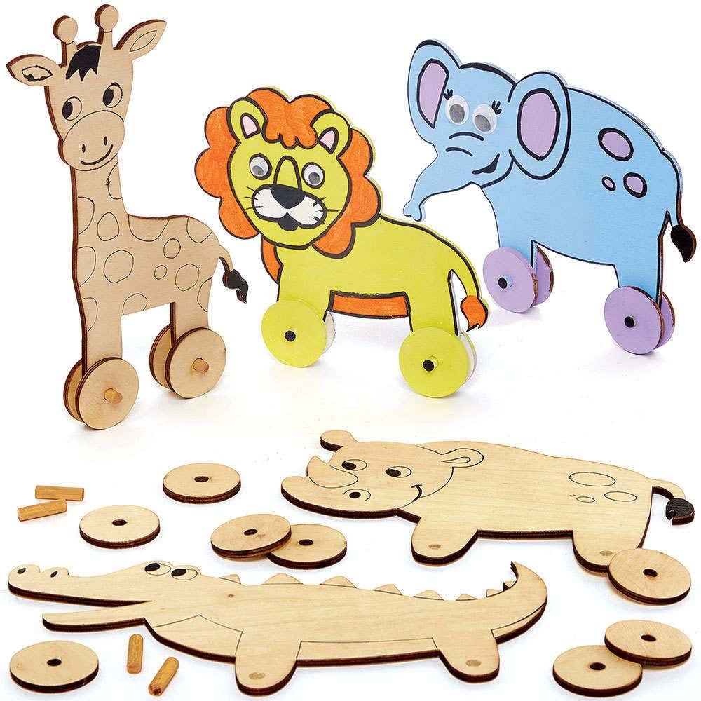 Baker Ross FC882 Jungle Animal Wooden Racer - Pack of 5, Kids Party Bag Craft, Racing Wood Craft Toys for Kids