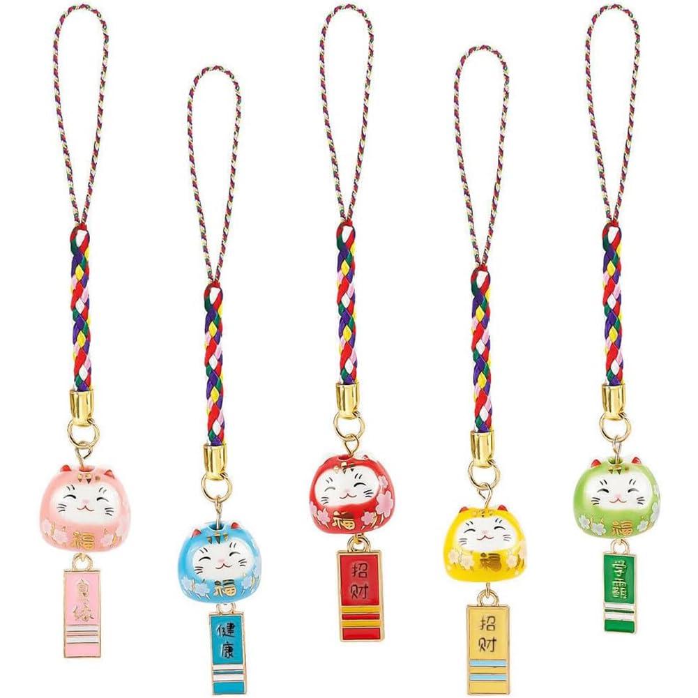 GOMAKERER 5 Pcs 5 Colors Ceramic Lucky Cat Phone Charms, Lucky Cat Charm Japanese Style Hanging Fortune Pendants Kitty Keychains with Alloy and Enamel Charms for Car Bag Hanging Ornaments