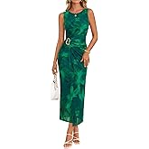 ZESICA Women's 2026 Summer Floral Bodycon Midi Dress Sleeveless Crewneck Mesh Ruched Wedding Guest Party Long Dresses