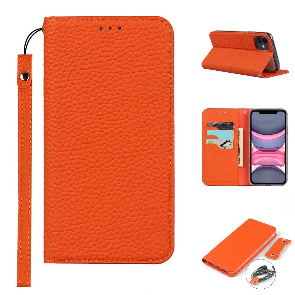 Copmob iPhone 11 Case,Genuine Leather Flip Wallet Case,[3 Card Holders][Magnetic][RFID-Blocking],Protective Phone Case Cover for iPhone 11 - Orange