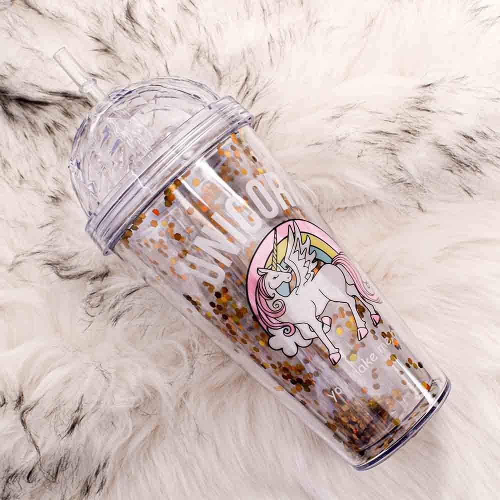 Crazy Corner Yellow Unicorn Glitter Sipper Water Bottle for Girls