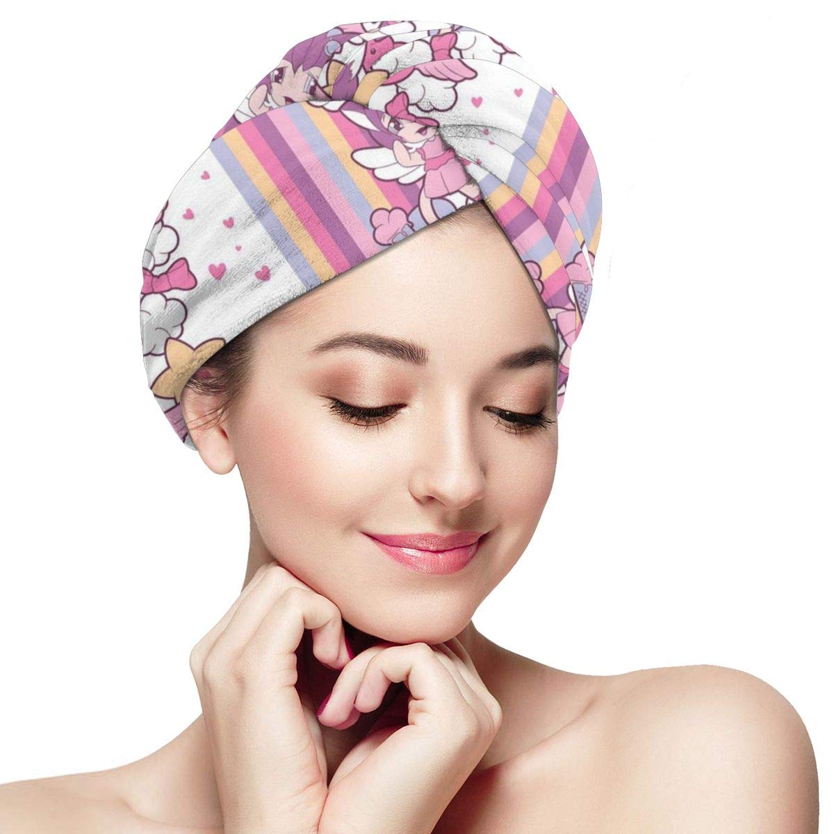 Hair Towel Wrap Turban Microfiber Quick Dry Bath Cap,Illustration Of Angels Stars And Cats Clouds With Mini Hearts Otaku Kawaii Japanese