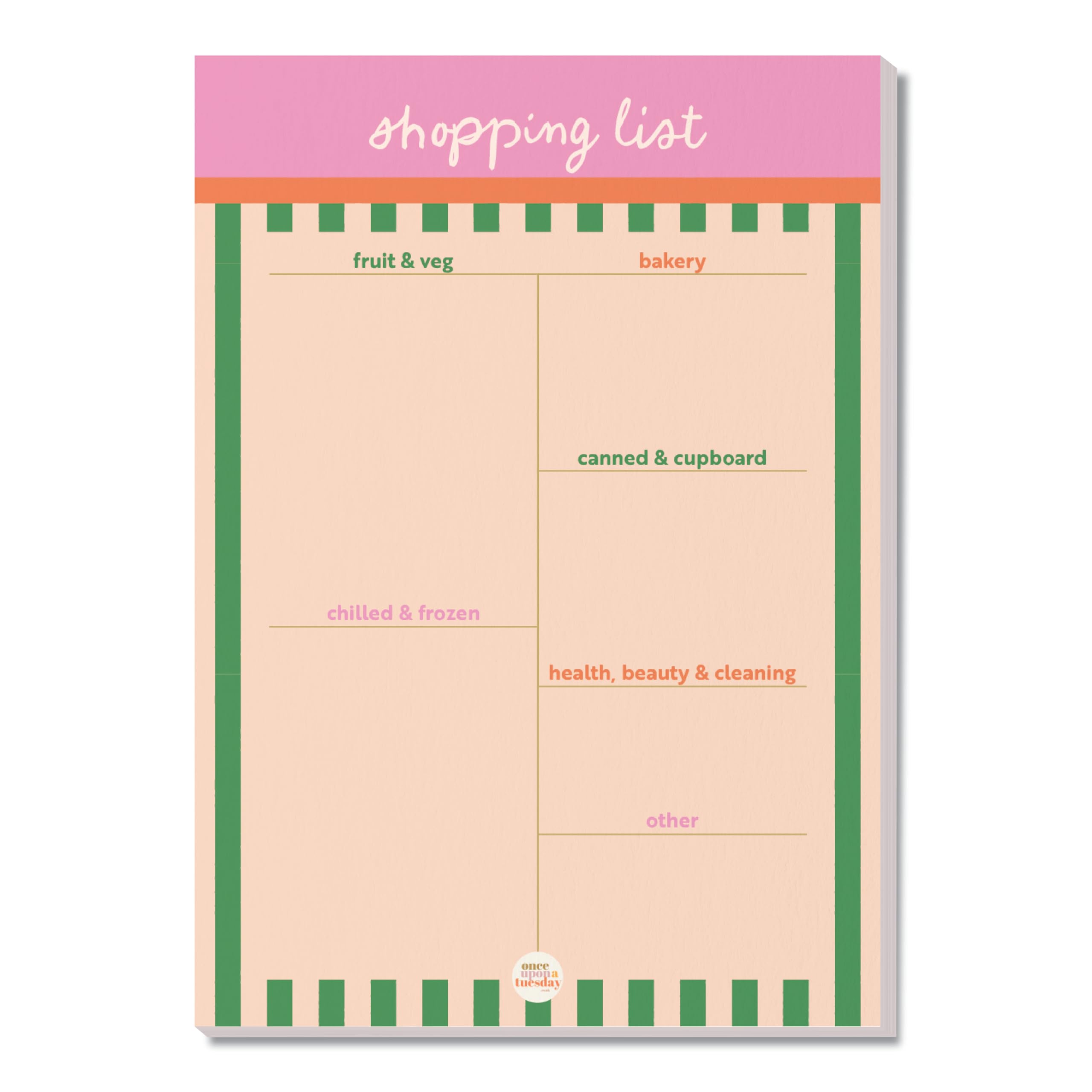 Good Tuesday, A5 Shopping List Pad - Cabana Stripe Design, 50 Tear-away Pages - Grocery Planning - Organised 6 Sections, Quicker Shopping - 100% Recycled & Recyclable Paper - UK Made