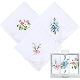 11" Lace Cotton Handkerchiefs for Women, Embroidered Floral Ladies Hankies with Lace Edge, Elegant Pocket Square for Daily Use Party Wedding (3 Pcs Present Box)