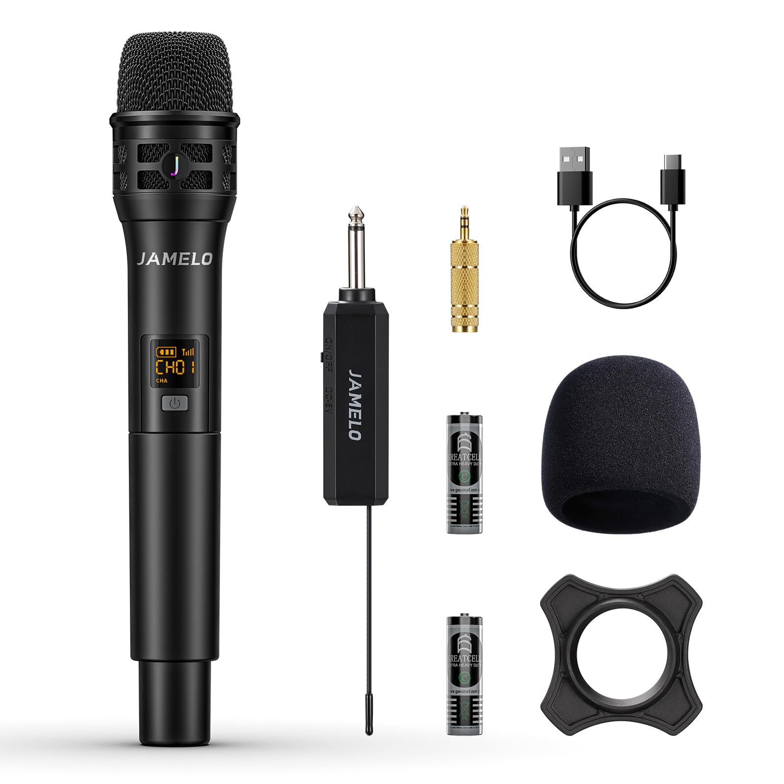 JAMELO Wireless Microphone UHF Handheld Microphone with Rechargeable Receiver Professional Cordless Mic System for Karaoke Machine, Singing, Wedding, DJ, Speech, Church, Amp