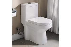 HOROW HWMT-8733 Small Compact One Piece Toilet For Bathroom, Powerful & Quiet Dual Flush Modern Toilet, 10'' Rough-In Toilet & Soft Closing Seat Include, 25"D x 13.4"W x 28.4"H, White