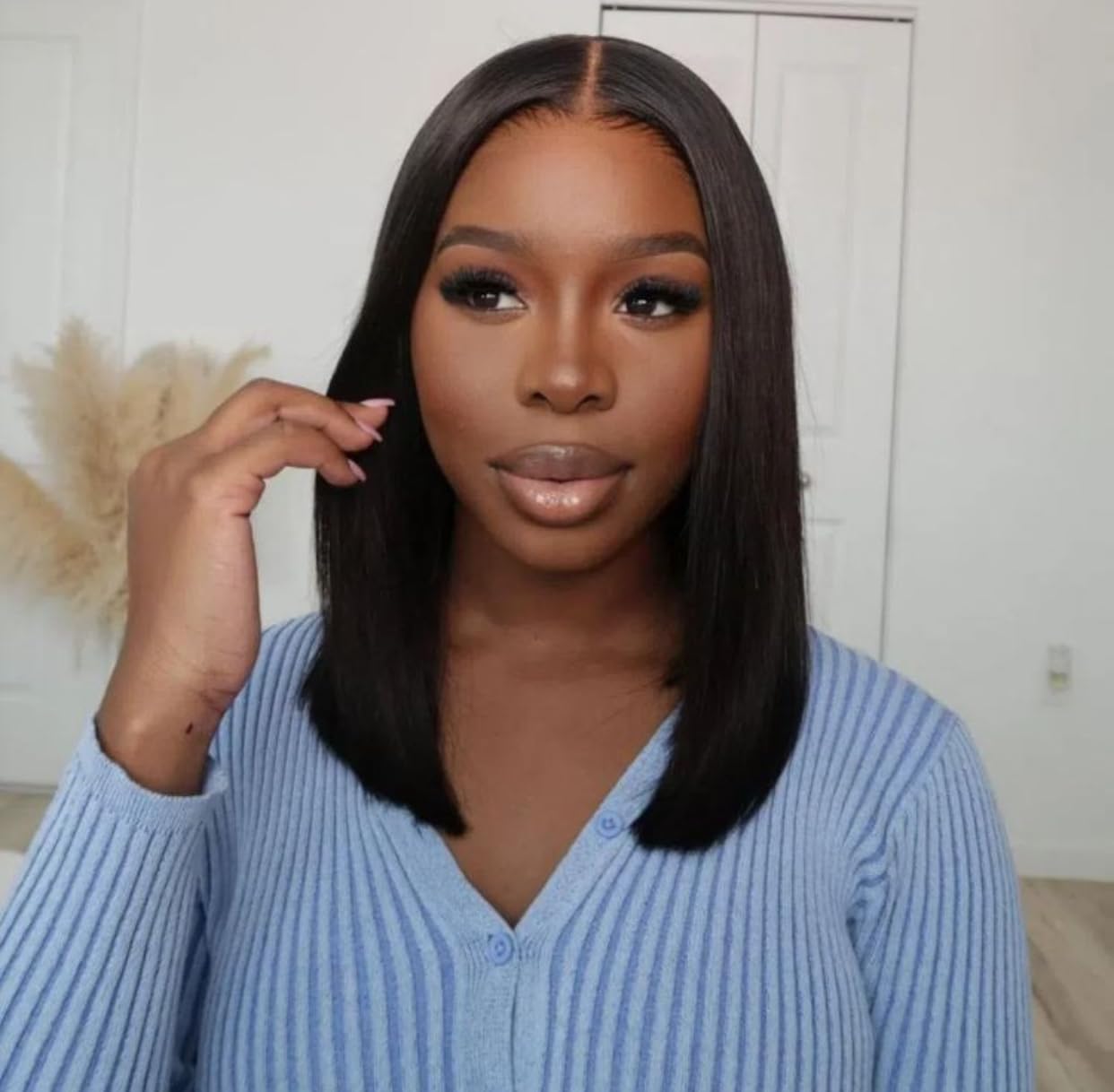 Double Drawn 100% virgin Human hair Bob Wig, 4x4 lace closure front, Fringe, short straight Bob virgin human hair wig, pre-plucked, Glueless, wear&go wig (10inches 4x4closure)