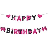 Glitter Happy Birthday Banner, Black & Hot Pink Girls Party Decorations Pre-Strung Bow Heart Party Hanging Sign Backdrop Wall Decor for Girls Women Parties Supplies