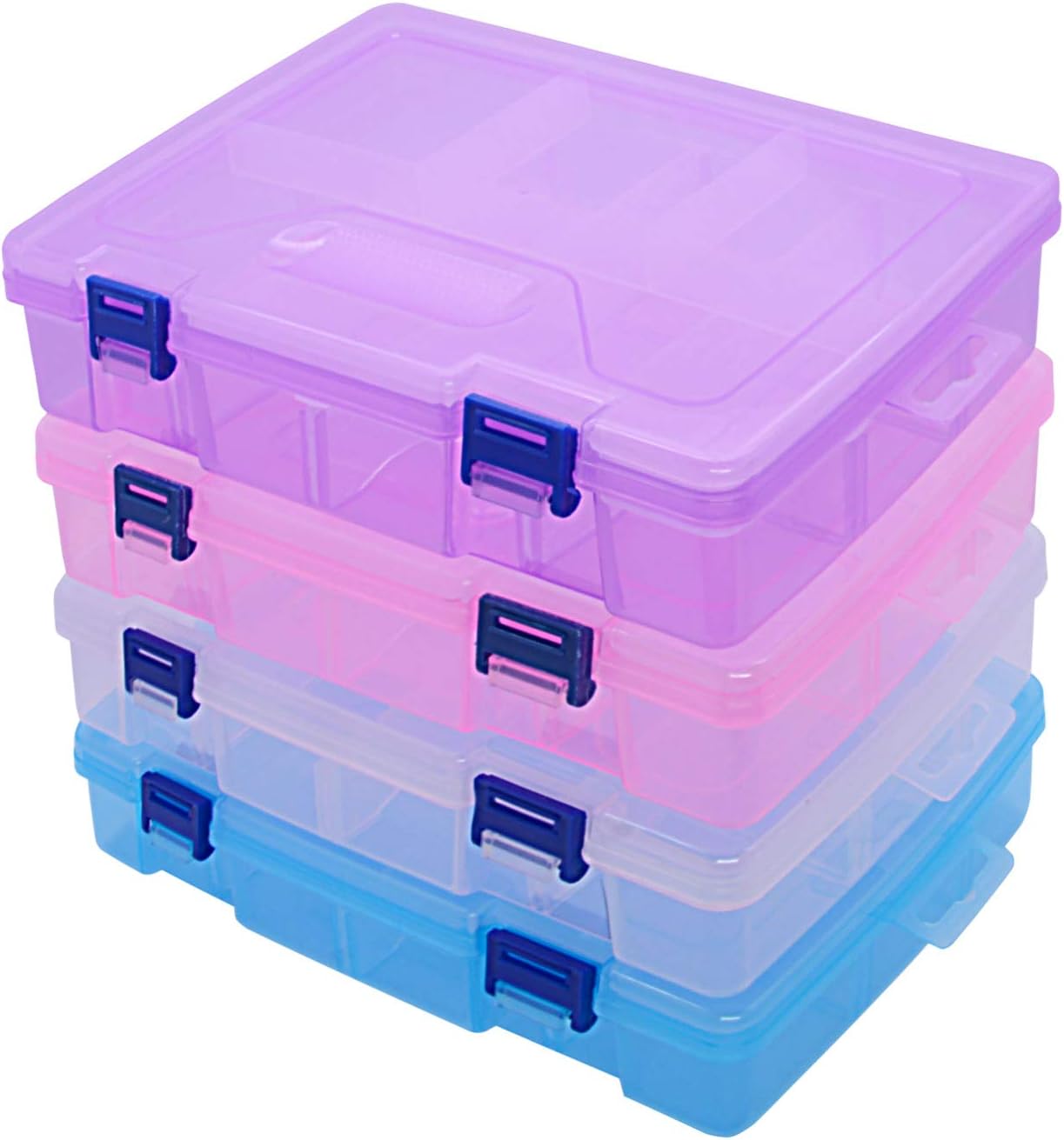 VoiceFly Plastic Pencil Storage Box, Double Deck Office Supplies Organizer Case Adjustable Divider, Assorted Color Brush Painting Pencils Container Watercolor Pen Drawing Tool Box, 4 Pack