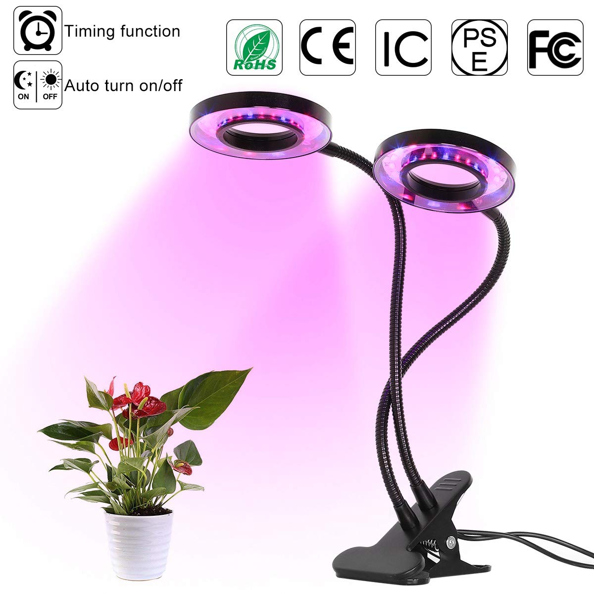 LED Grow Light,INKERSCOOP Succulent Light Indoor Auto ON/Off 18W 36 LED Dual Head 3-6-9-12-15 Timer 5 Dimmable Levels Grow Lamp Plant Growing Lights 3 Light Spectrum Change Blue/Red/RED&Blue Light