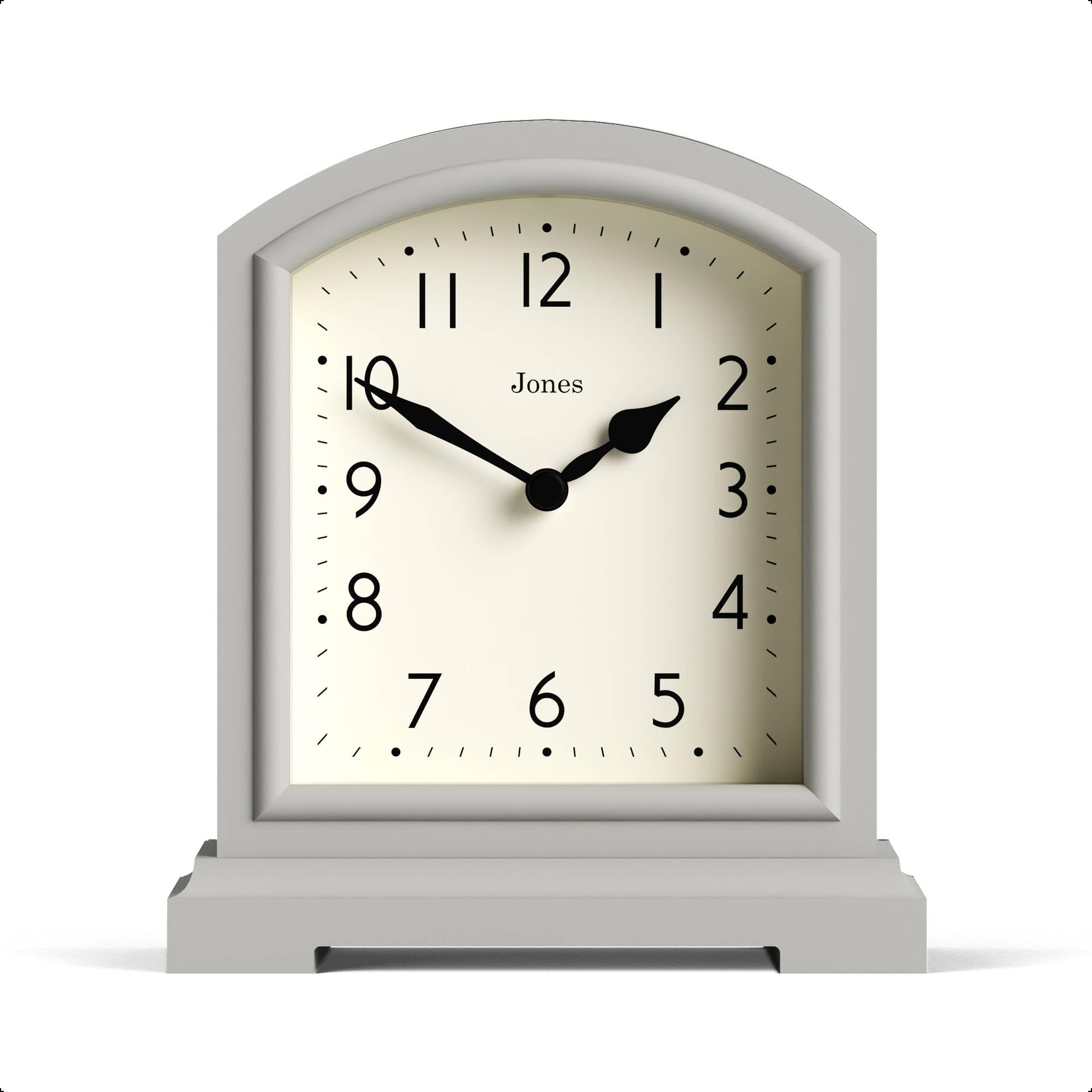 Jones Clocks® Tavern mantel clock | Small modern arch top design | Pale grey | Contemporary classic style for desk, table, shelf or bedside