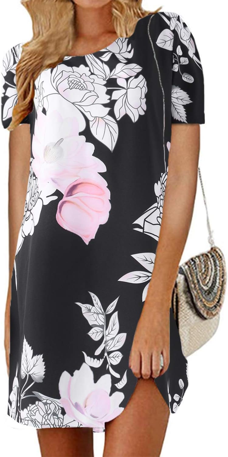Womens Summer Floral Mini Dress Casual Loose T Shirt Dresses Boho Beach Holiday Dresses Long Tops