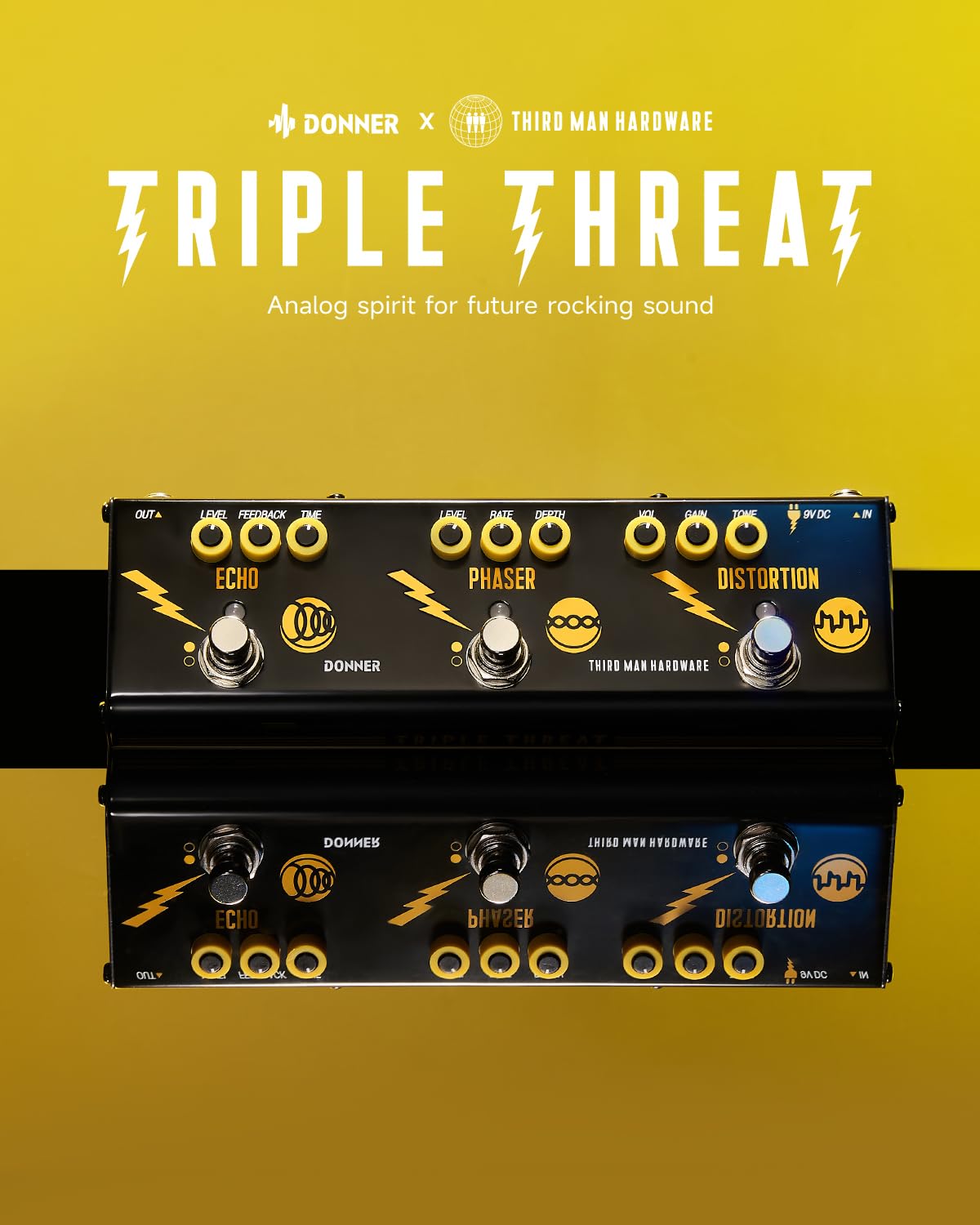 Donner X Third Man Hardware Multi-Effect Pedal, Triple Threat 3-in-1 Analog Guitar Pedal Distortion Phaser Echo Pedal with Adapter for Electric Guitar