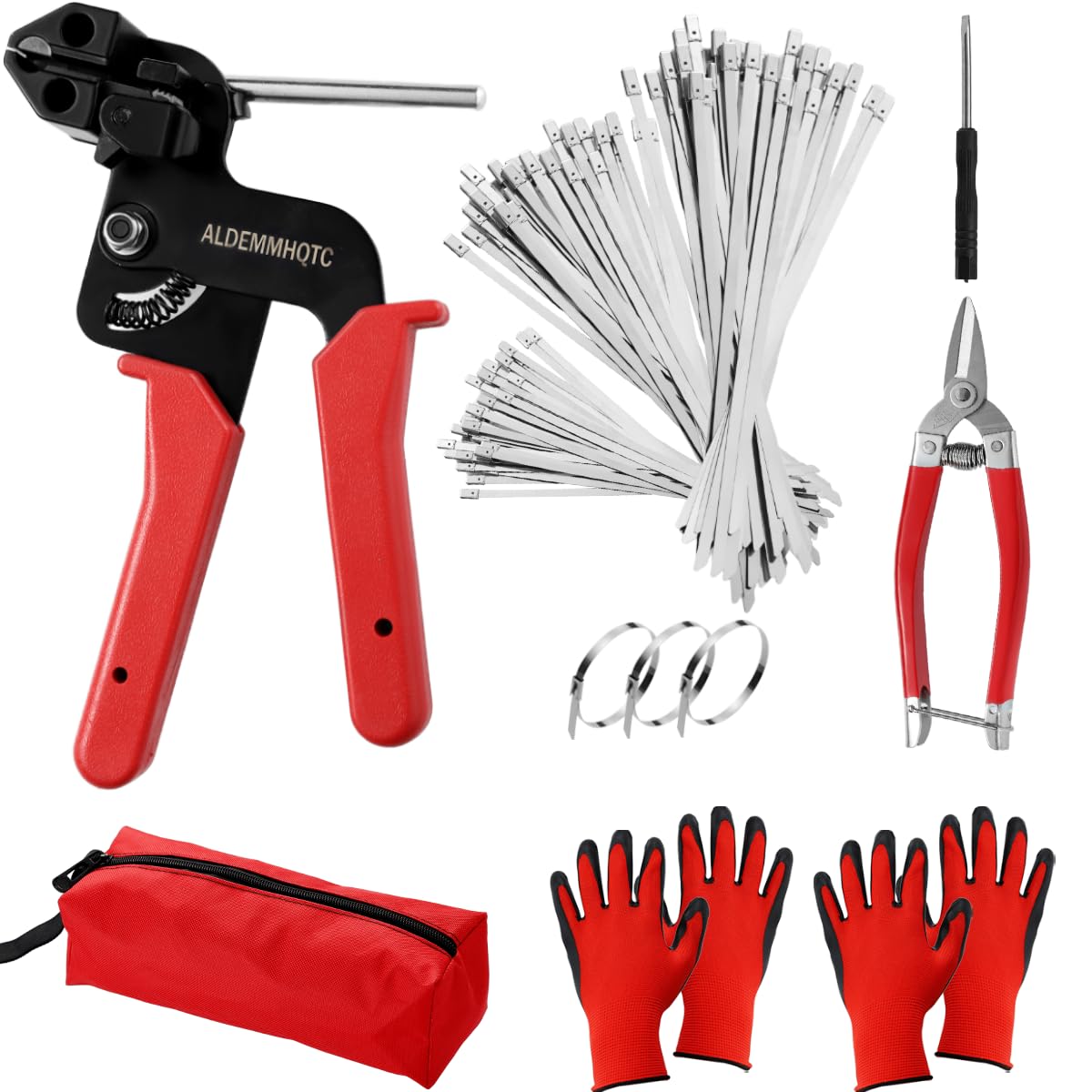 Metal Zip Tie Tool 300PCS (100 Each: 7.8/12/15.7 Inch) Stainless Steel Cable Tie Gun Kit | Self-Locking Fastening & Cutting Tool Metal Zip Tie Gun for Fencing, Exhaust Pipes, Automotive (Red)