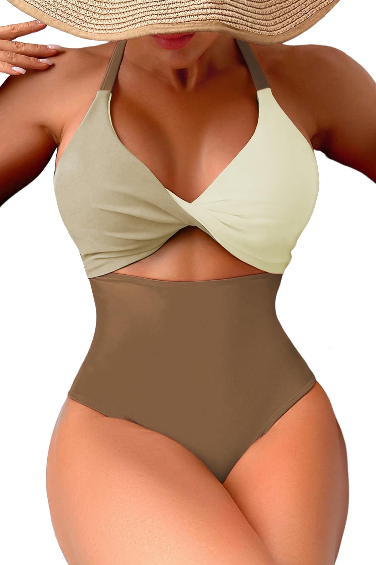 Photo 1 of Leoparts Women's One Piece Color Block Swimsuit Halter Neck Cutout High Cut Bathing Suit Crisscross Tie Back Swimwear size M