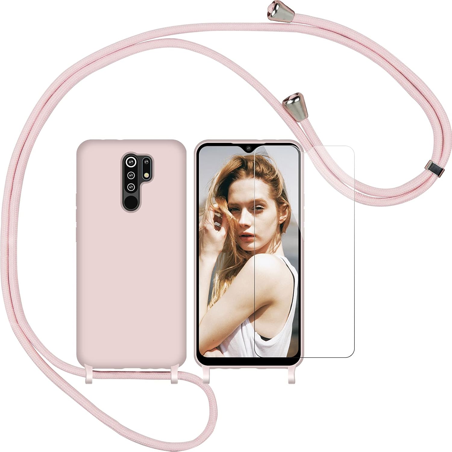 Nupcknn Funda Silicona con Cuerda para Xiaomi Redmi 9, Carcasa Suave Silicona Case con Correa Colgante Ajustable Collar Correa de Cuello Cadena Cordón(Oro Rosa)