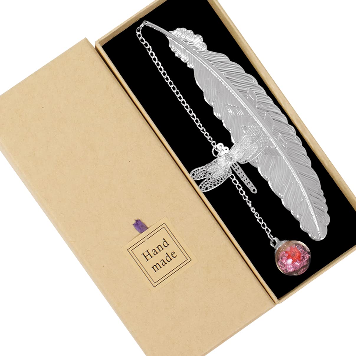 Nwvuop Metal Feather Bookmark with 3D Dragonfly Pendant, Silver Feather Pink Ball