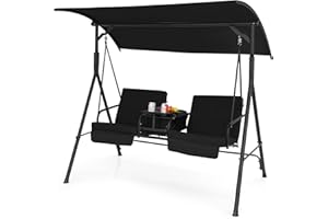 Tangkula 2 Person Porch Swing, Outdoor Swing with Pivot Storage Table, Cooler Bag, 2 Cup Holder, Removable Cushions, Patio Sw