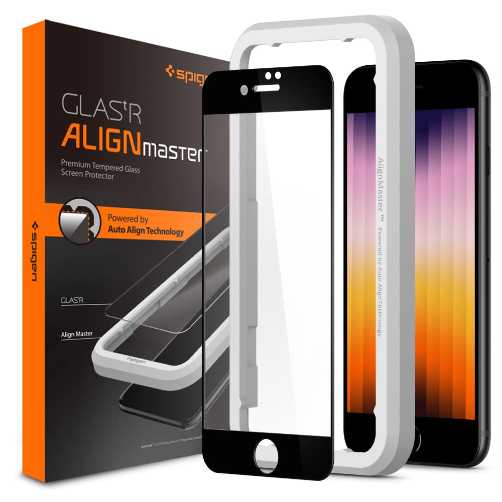 Spigen AlignMaster Tempered Glass Compatible with iPhone SE 3 (2022), iPhone SE 2 (2020), iPhone 8, iPhone 7, Full Coverage, 9H Screen Protector
