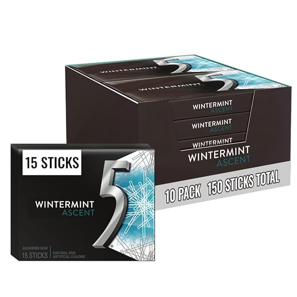 5 GUM WINTERMINT ASCENT SUGAR FREE CHEWING GUM BULK, 15 STICK BOX (PACK OF 10)