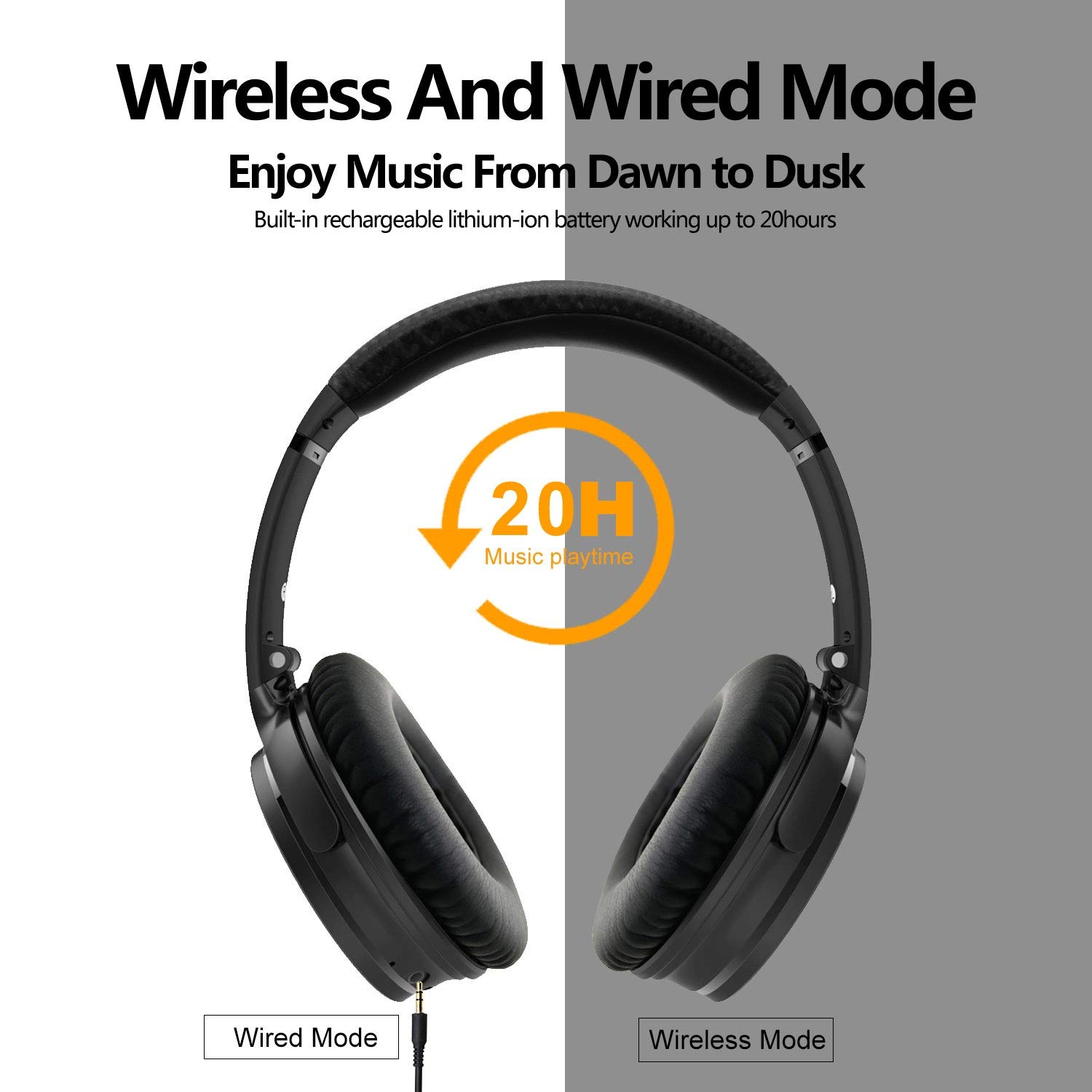 Active Noise Cancelling Headphones Bluetooth, barsone ANC Over Ear Hi-Fi Stereo Wired and Wireless Headphones with Case (Black)