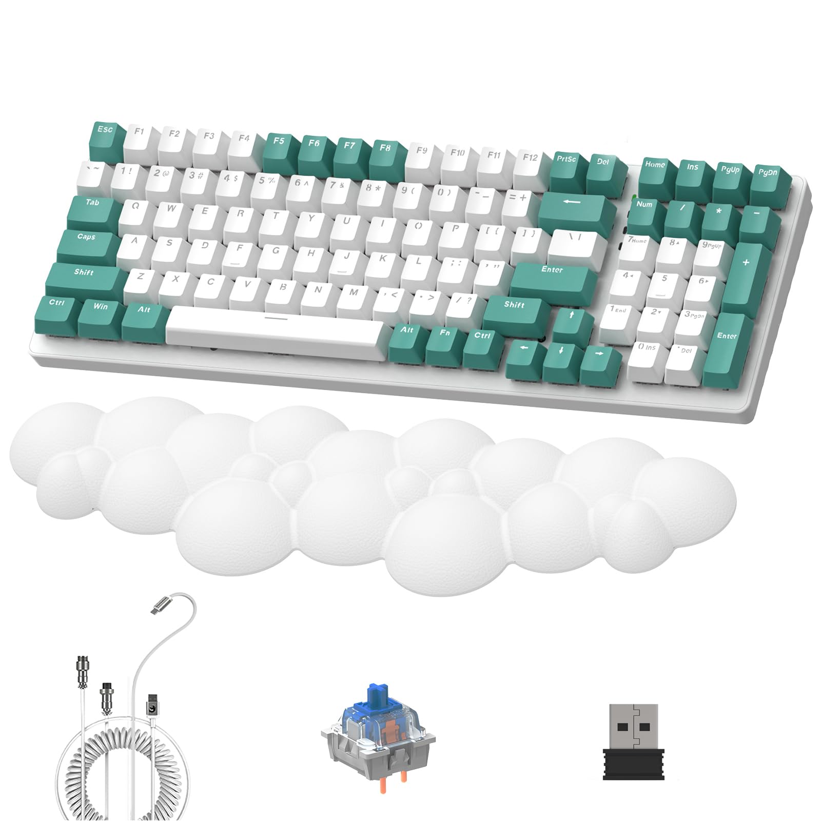 LexonElec K6 Wireless Mechanical Keyboard with White Cloud Wrist Rest, 100 Keys, QWERTY Layout, 4000mAh, Wired/ 2.4Ghz/Bluetooth 5.0,RGB Backlit,Custom Coiled Cable for Gaming-Aqua Green Blue Switch