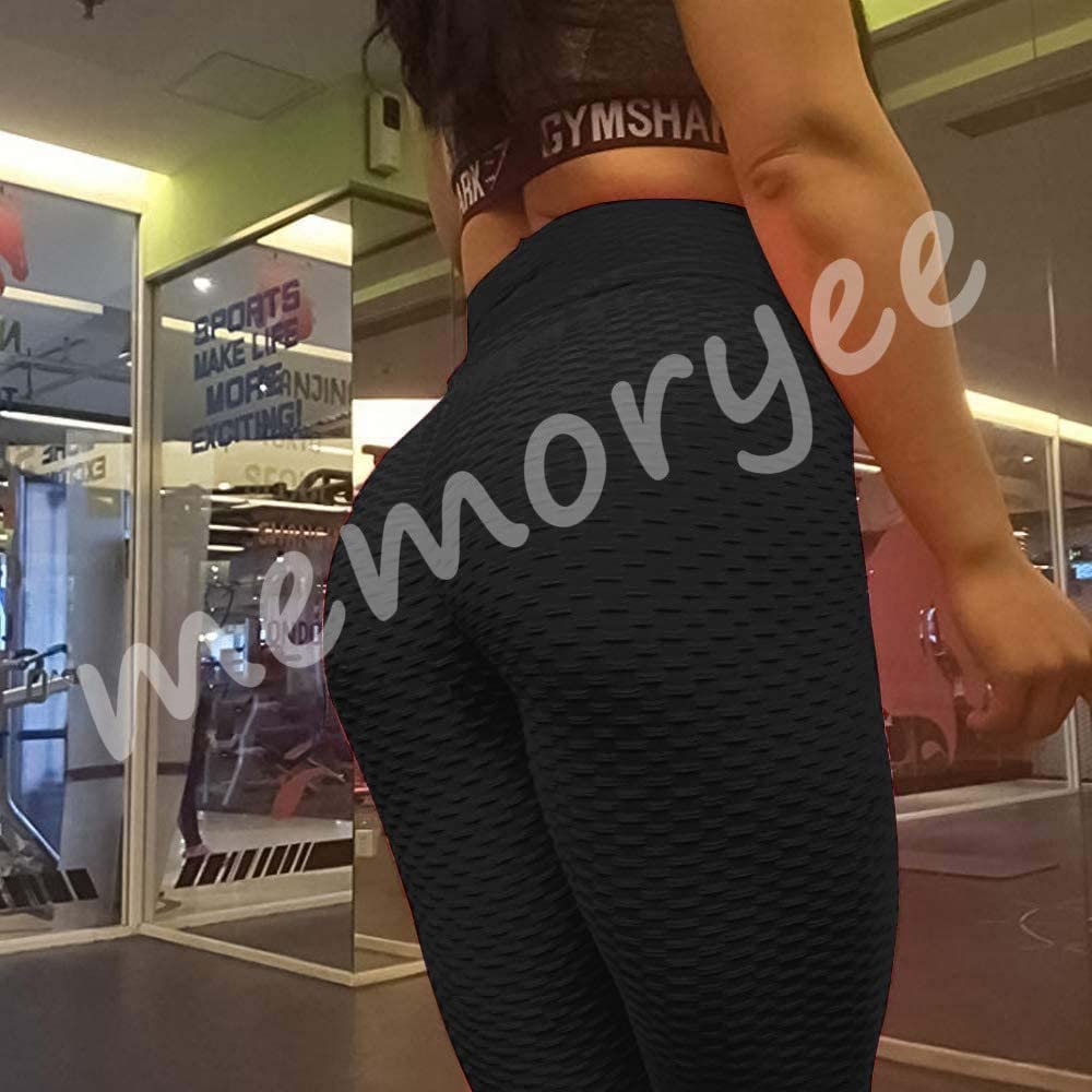 Memoryee Women's Honeycomb Waffle Leggings Ruched Butt Lift High Waisted Chic Sport Tummy Control Plus Size Workout Gym Yoga Stretchy Pants/Black/M