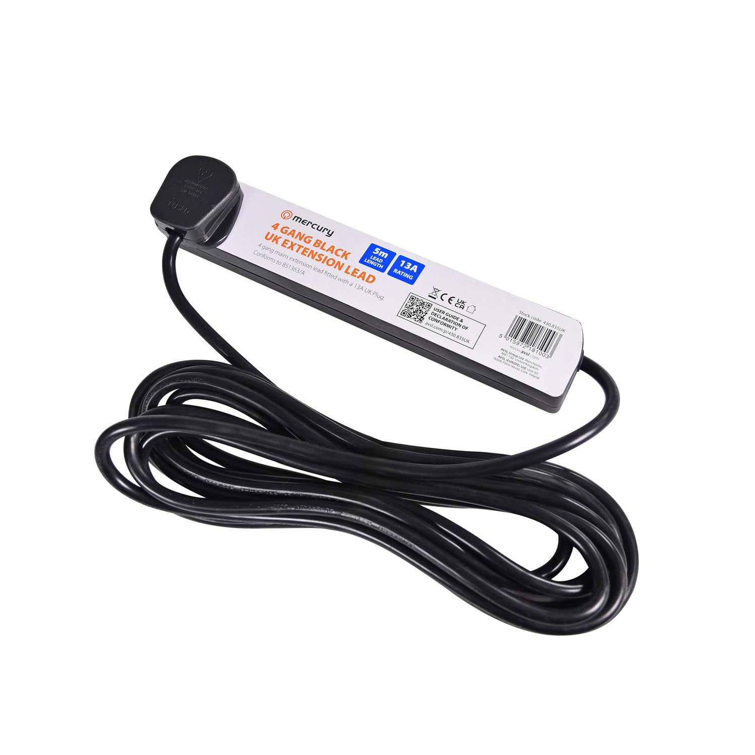 Mercury 4 Gang Extension Lead 5.0 Metre Black UK 13 Amp Rated 4 Socket Extension Lead, 4 Way Power Strip, Wall Mountable Cable Extension for Home or Office use, full Copper Conductor