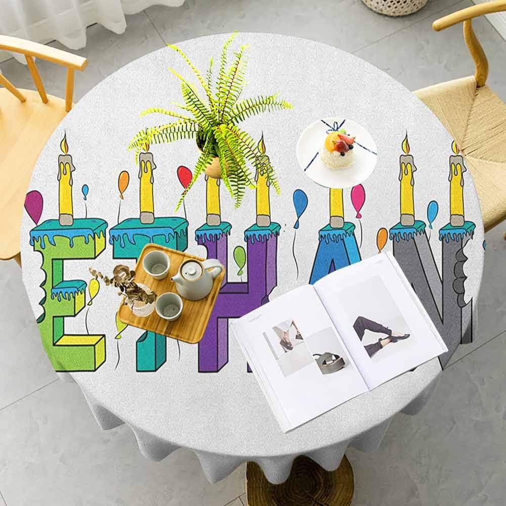 Ethan Table Cloth Celebration Themed Candles and Bitten Cake Popular Male Name Birthday Party Image Polyester Spill-Proof Water Repellent Long Lasting Kitchen Dinning Table, 60" RoundMulticolor