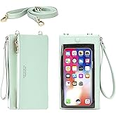 Aslana Women Faux Leather Long Wallet Wristlet Handbag with Touch Screen Clear Phone Window (Double Zipped Mint)