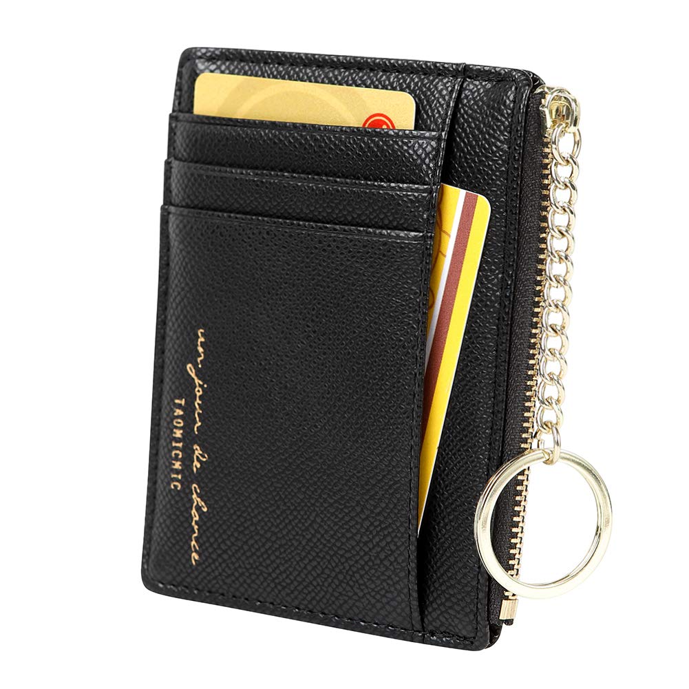 Cynure Women's 8 Cards Slim Minimalist Card Holder Coin Changes Purse Keychain Front Pocket Wallet, Black