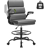 Drafting Chair Tall Office Chair with Padded Flip-up Armrests Executive Ergonomic Computer Standing Desk Chair with Comfortable Leather Backrest and Adjustable Footrest Ring (Gray)