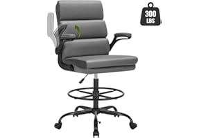 AMSEATEC Drafting Chair Tall Office Chair with Padded Flip-up Armrests Executive Ergonomic Computer Standing Desk Chair with Comfortable Leather Backrest and Adjustable Footrest Ring (Gray)