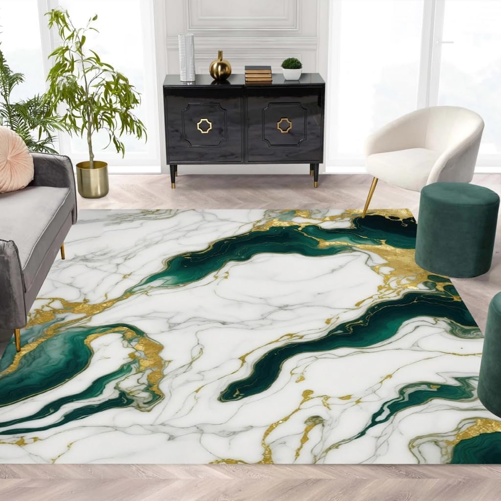 Photo 1 of Marble Swirl Modern Abstract Emerald Green Grey Gold Area Rug for Living Room Bedroom Ultra Soft Wool Carpet Under Dining Table Lux Aesthetic Home Office Carpets 5x7