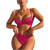 SOLY HUX Women's Floral Lace Sheer Underwire Bralette Bra and Panty Lingerie Set