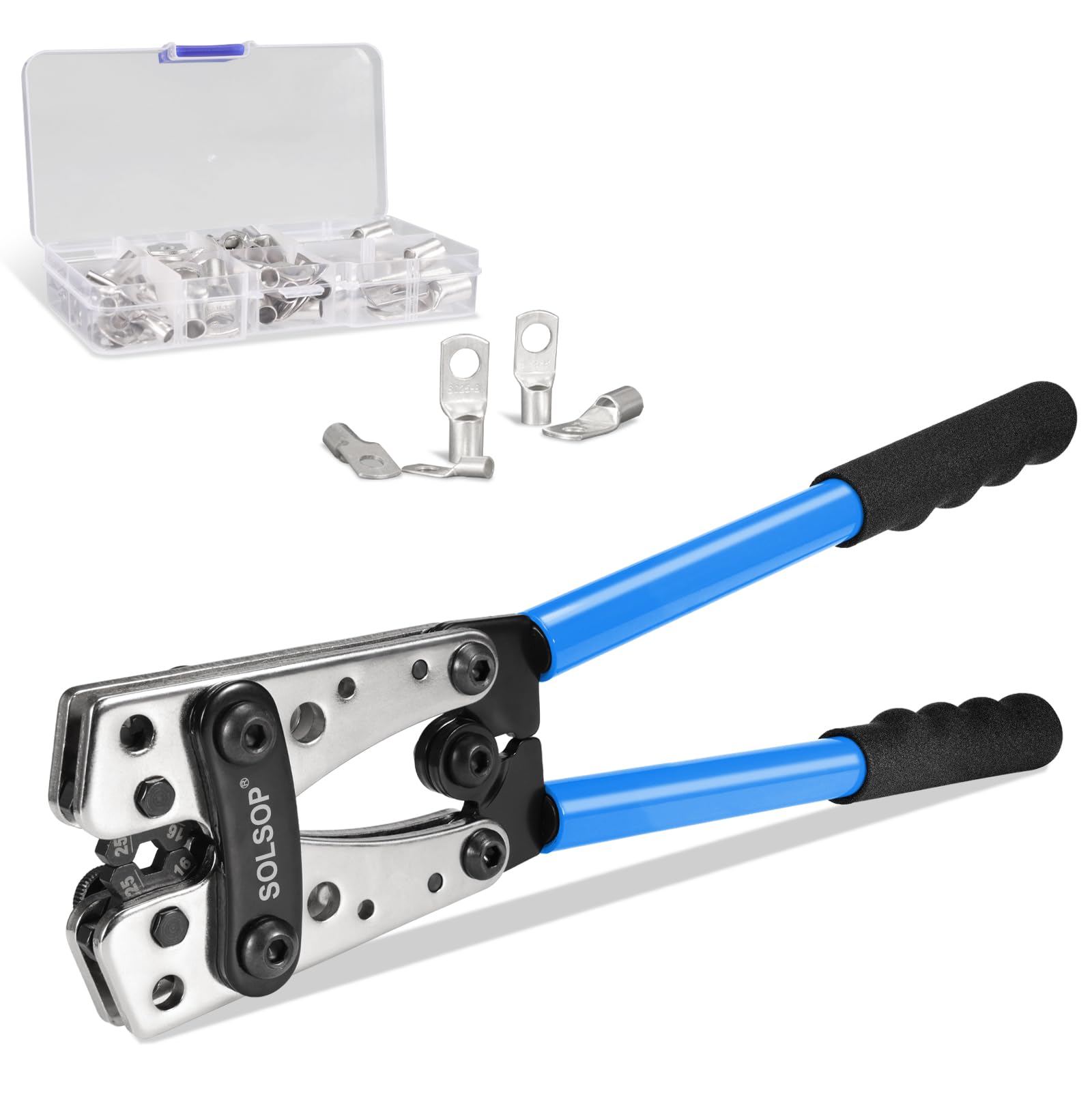 Heavy Duty Battery Cable Lug Crimping Tool + 60pc Copper Ring Terminals 10-1 AWG