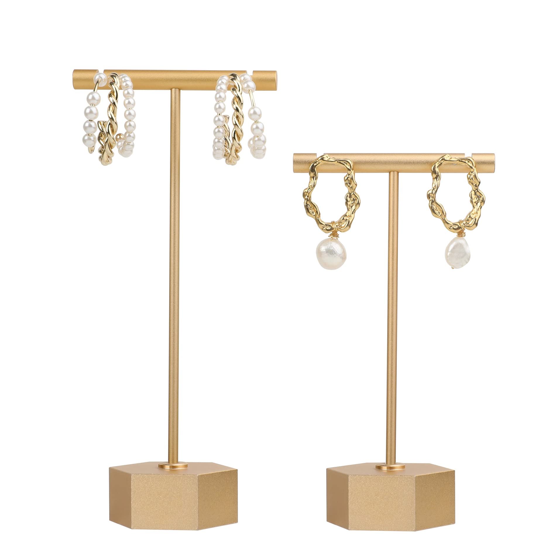 GemeShou 2pcs Gold T Bar earring display stand for show, Metal jewelry earring holder for selling, Boutique store earring photography props【Gold-Hexagon Base 2pcs】