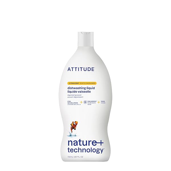 ATTITUDE DISHWASHING LIQUID, EWG VERIFIED, VEGAN DISH SOAP, PLANT BASED, NATURALLY DERIVED PRODUCTS, CITRUS ZEST, 23.7 FL OZ