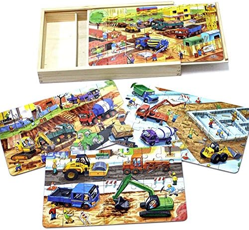 Timy 4-in-1 Wooden Jigsaw Puzzle for Kids Engineering Vehicles Puzzles with Storage Box