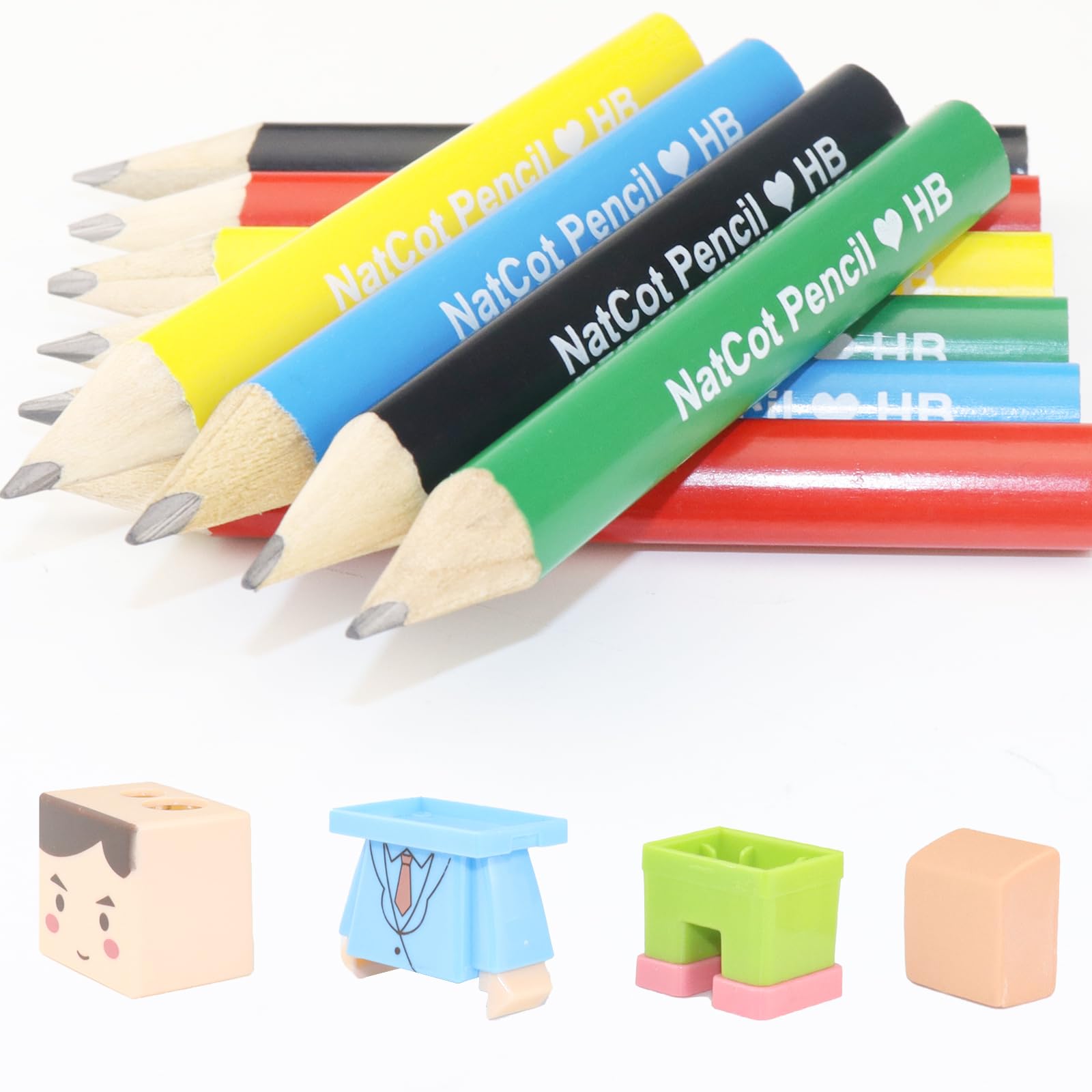 NatCot Triangular Fat Pencil for 3-8 Years Old Kids Use, 3.5-inch 10 Pencil with Pencil Sharpener and Eraser Boy-A Style
