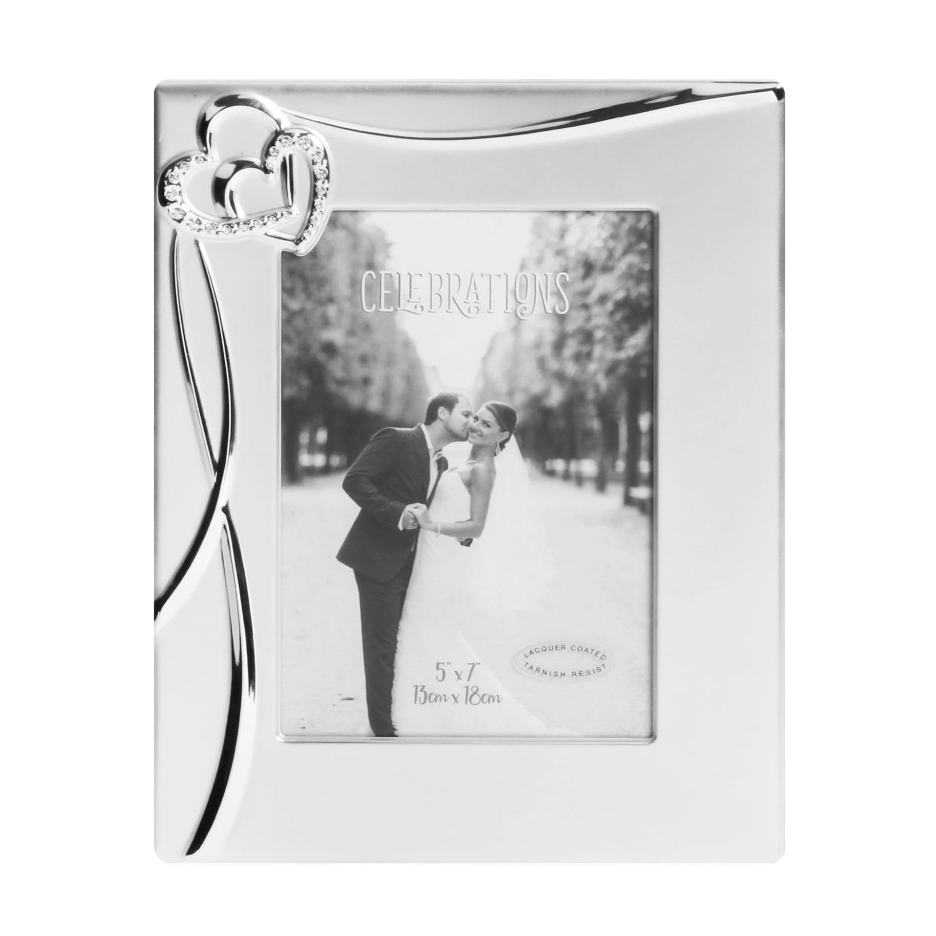 Engagement Wedding or Anniversary Photo Frame 5" x 7" Crystal Hearts Matt Silver includes Sentimental Wallet Card