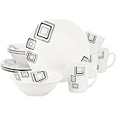 Gibson Home Black Squares 12 Piece Round Fine Ceramic Dinnerware Set in White