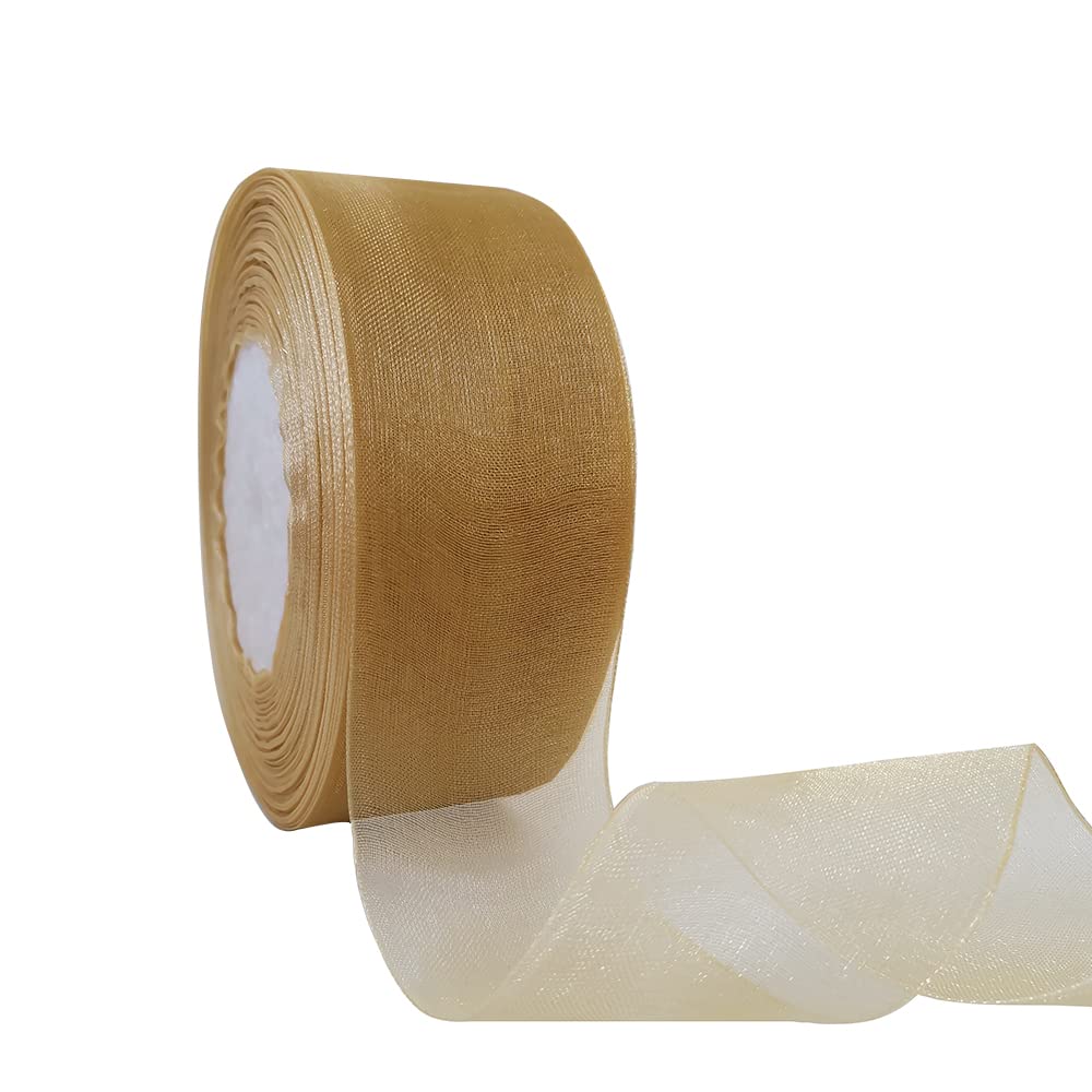 Dishaur Christmas Organza Ribbon for Gift Wrapping 38mm x 45m, Gold Sheer Organza Ribbon for Xmas Tree, Bows and Crafting