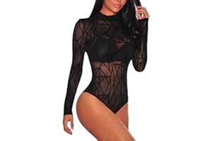 JomeDesign Women Black Sheer Mesh Long Sleeve Jumpsuit Bodysuits Clubwear