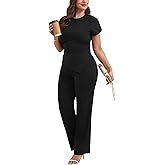 Ekaliy Women's 2 Piece Outfits Puff Short Sleeve Suits Crop Top Wide Leg Pants Business Casual Outfits Set