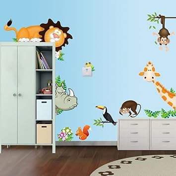 Stickerkoenig Wandtattoo Kinderzimmer Afrika Dschungel Tiere Lowe Affe Nashorn Giraffe Etc Bunte Wandsticker 001 Amazon De Baumarkt