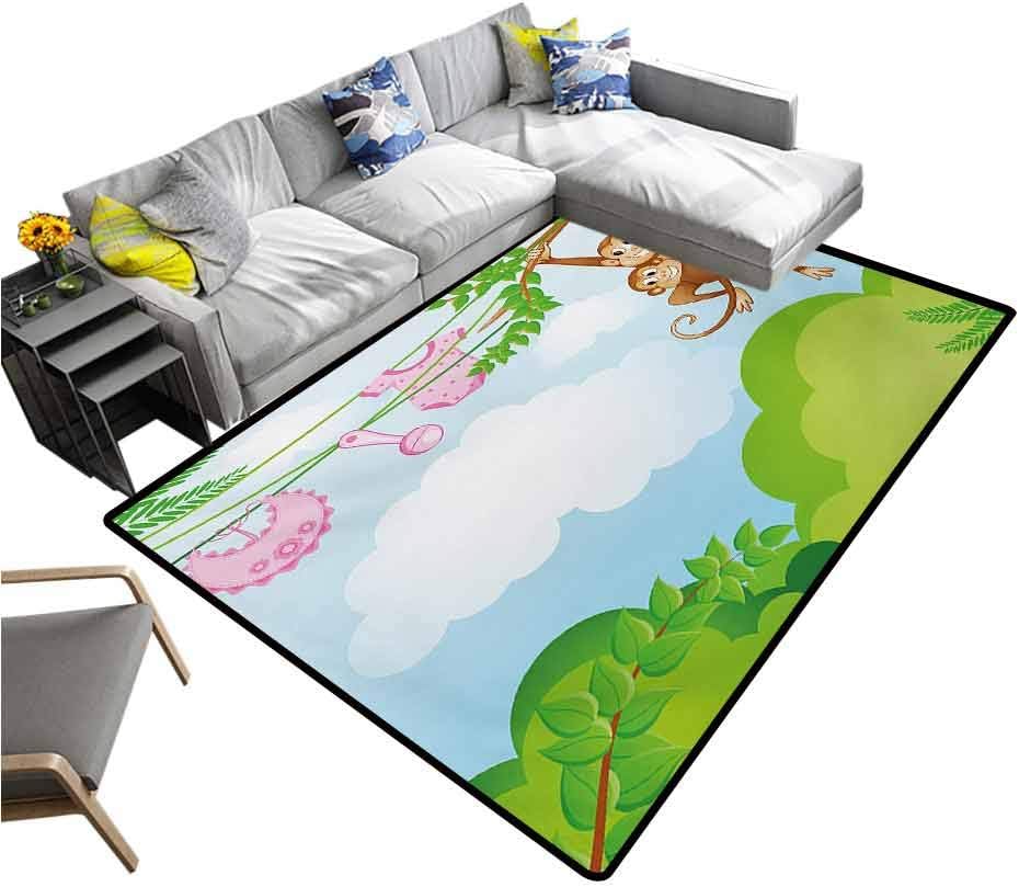 Nursery Carpet mat Monkey Swinging with The Kid Baby Clothes Chimpanzee Jungle Joy Togetherness Carpet for Home Decor Green Brown Pink (5'7"x6'6")