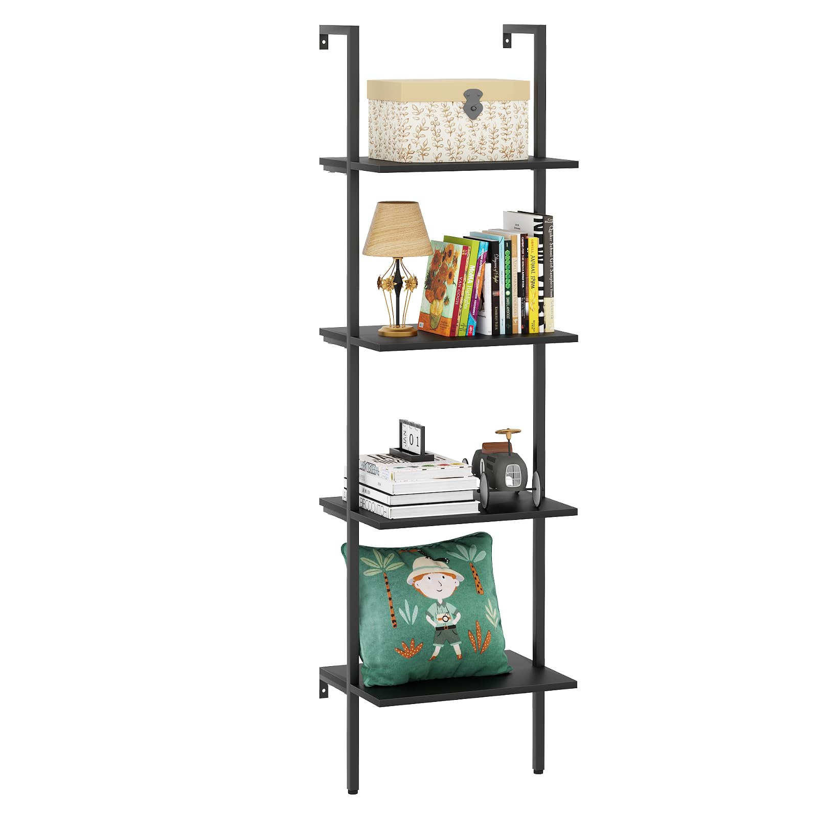 Photo 1 of Ladder Shelf 4 Tiers Metal Industrial Bookshelf,Black Wooden Tall Open Storage Rack and Display Shelves,Wall Mount Wide Book Case for Home Office Bedroom,Small