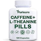 Purisure Caffeine Theanine Capsules, Caffeine Pills 100mg L Theanine for Pre Workout, Energy, and Clarity, Energy Pills for Fatigue, Nootropic Supplement, 120 Day Supply